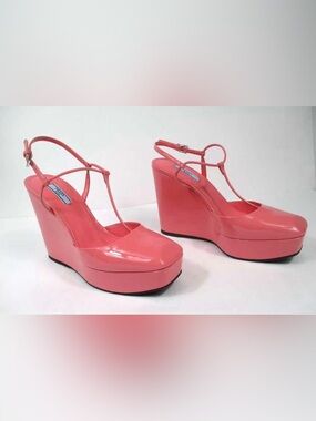 Prada Coral Pink Patent Wedge Sandals